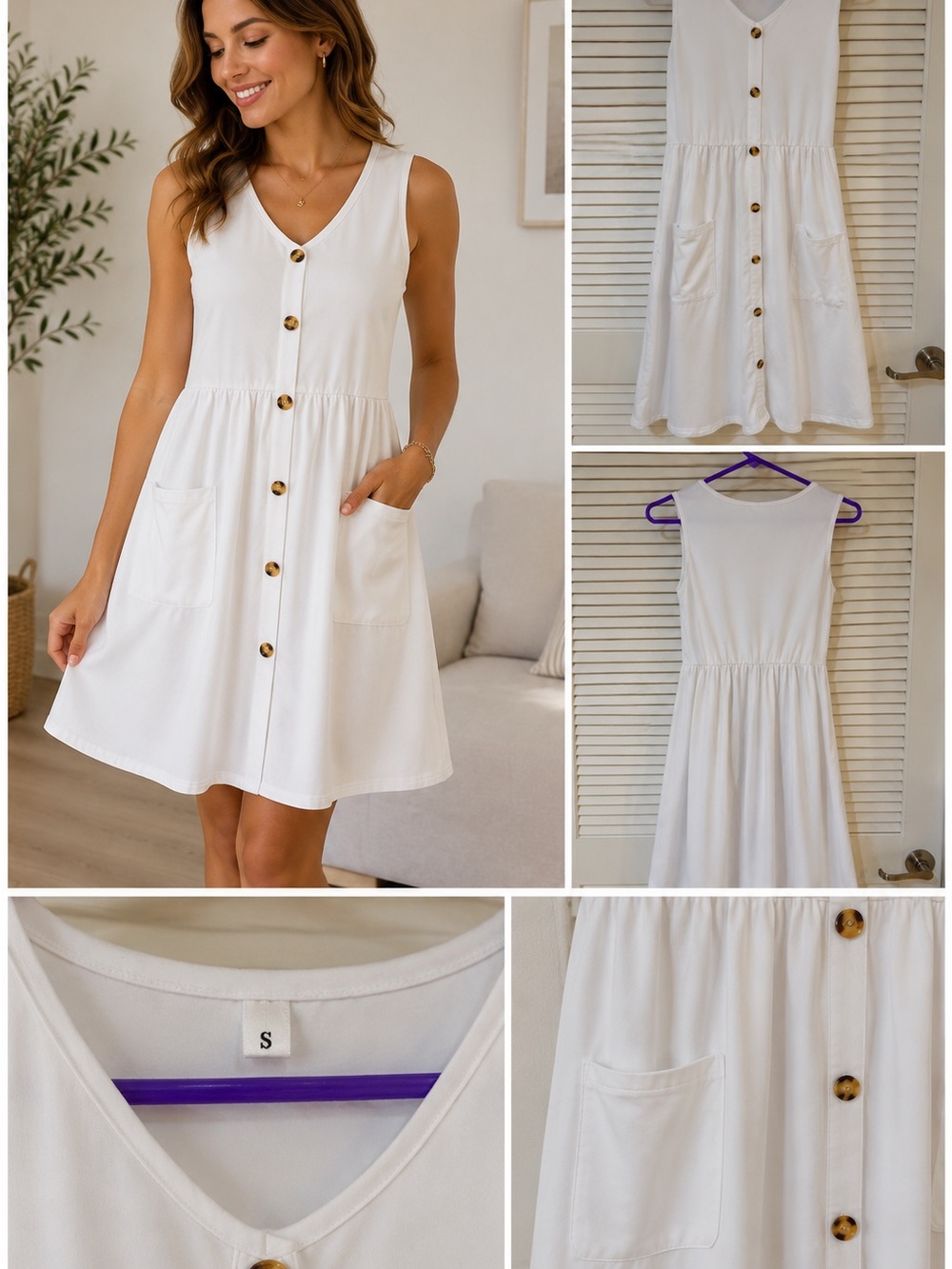 White Sleeveless Button Front Mini Dress w/ Pockets Size Small